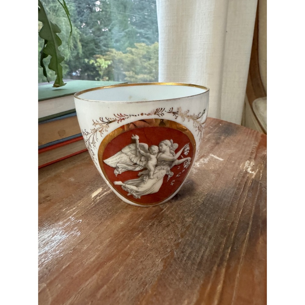 Antique KPM Germany Porcelain Tea Cup Angel Cherub Red Medallion Gold Gilt